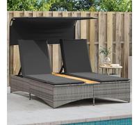 Transat double en résine tressée avec toit et coussins, de couleur grise, dimensions 136 x 202 x 140 cm. Transat de jardin pour 2 personnes, idéal pour la terrasse, le balcon, la piscine et la détente