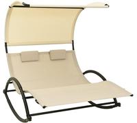 Transat double en Textilène crème avec auvent, structure en acier, dimensions 139 x 180 x 170 cm, idéal pour jardin, balcon ou terrasse. Transat balancé avec 2 coussins, pour une relaxation en extérie