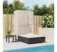 Transat double pour jardin, avec toit et rideaux, en polyrotin noir. Dossier réglable en 4 positions, coussin résistant aux intempéries et rembourrage pour balcon, terrasse et détente en extérieur