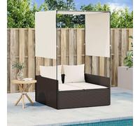 Transat double pour jardin avec toit, protection solaire et rideaux, en rotin synthétique PE marron. Transat relax rembourré pour balcon, terrasse ou piscine, supportant jusqu'à 110 kg par siège. Ense