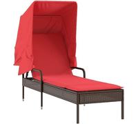 Transat en polyrotin marron avec parasol, matelas rouge. Transat d'extérieur réglable en rotin, idéal pour la détente dans le jardin, sur le balcon ou la terrasse