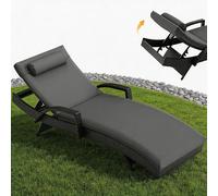 Transat en résine tressée, dossier réglable en 5 positions, idéal pour le jardin, le balcon et la terrasse. Résistant aux intempéries, avec coussin et oreiller. Housse noire et grise