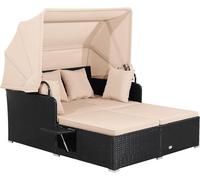 Transat en rotin pour 2 personnes, avec toit, coussin, oreillers et tables latérales rabattables. Idéal pour créer un coin détente dans le jardin ou sur la terrasse. (Couleur : jaune clair)