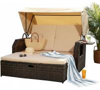 Transat/Fauteuil de plage/Coin détente en résine tressée, couleur marron, comprenant une table d'appoint pliante, un dossier réglable et un auvent de protection solaire pliable