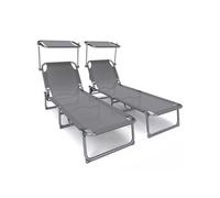 vounot® Lot de 2 Chaise Longue Bain de Soleil avec Pare Soleil Transat Pliable en Textilène avec Parasol Bain De Soleil inclinable en Textilène avec Charge Max 110KG Chaise Longue réglable Gris
