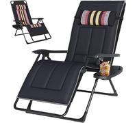 Transat pliable, chaise longue avec porte-gobelet et coussin, fauteuil de jardin extra large, supportant jusqu'à 200 kg, transat de jardin avec dossier réglable et coussin pour la nuque (noir)