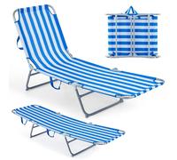 TRANSAT PLIANT COSTWAY, léger, transat de jardin avec dossier et repose-pieds réglables et poignée de transport, transat portable, supportant jusqu'à 150 kg, couleur bleu et blanc