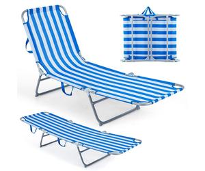 TRANSAT PLIANT COSTWAY, léger, transat de jardin avec dossier et repose-pieds réglables et poignée de transport, transat portable, supportant jusqu'à 150 kg, couleur bleu et blanc