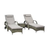 Outsunny Lot de 2 transats : matelas, têtière, inclinaison réglable multipostions, accoudoirs, roulettes + table basse résine tressée 4 fils gris