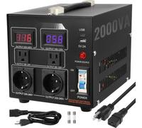 transformateur de tension 2000W - AC 110V⇋220V - 2x prises US NEMA 5-15R - prises de sortie Shucko 3 pôles/2x standard européen - 1x port USB 5V - 1x prise de type C.