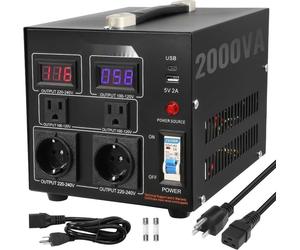 transformateur de tension 2000W - AC 110V⇋220V - 2x prises US NEMA 5-15R - prises de sortie Shucko 3 pôles/2x standard européen - 1x port USB 5V - 1x prise de type C.