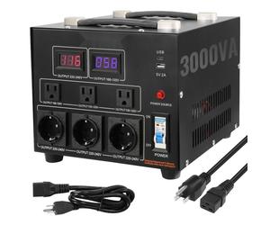 Transformateur de tension Transformateur AC 110V⇋220V - 3000W - Avec 3 prises de sortie US NEMA 5-15R - 3 pôles - 3 prises de sortie européennes Schuko - Incl. 1 prise USB et 1 prise type C