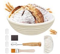 Traxenta Banneton pour Pain de Fermentation, Banneton à Pain Rond de 22 cm, Sourdough Bread Proofing Basket, Corbeille à Pain, Panier de Fermentation, avec Couteau à Pain, Brosse et Housse en Lin