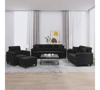 Traylux Ensemble de canapé 4 pièces avec coussins, tissu microfibre noir, 3 places, 2 places, fauteuil et repose-pieds pour salon, canapé avec garniture rembourrée, confort d'assise, peu encombrant