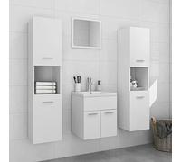 Traylux Ensemble de meubles de salle de bain en bois blanc avec lavabo, miroir, armoires hautes et meuble bas pour salle de bain moderne, robinet et vidange inclus, montage mural facile