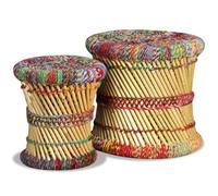 Traylux Lot de 2 tabourets en bambou multicolores avec détails Chindi, pour salon, balcon, jardin, extérieur, robuste, portable, peu encombrant, pliable, résistant aux intempéries, stable