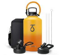 Trebo Bouteille d'eau isotherme de 3,8 l avec poignée en paracorde et paille, grande carafe d'eau sous vide en acier inoxydable pour garder au froid 48 heures, bouteille d'eau avec 3 couvercles pour