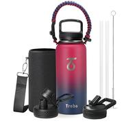 Trebo Bouteille d'eau isotherme de 950 ml avec poignée en paracorde et paille, carafe d'eau à triple paroi en acier inoxydable pour garder au froid 48 heures, bouteille d'eau avec 3 couvercles pour
