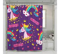 Treer Anti Moisissure Imperméable Rideaux de Douche et 12 Crochets, Rideaux pour Maison Salle de Bain Douche - Impression 3D de Licorne Colorée (Couronne,180x200cm)