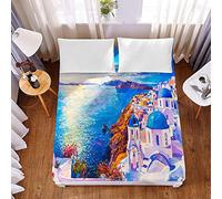 Treer Drap Housse en Microfibre, 3D Art Impression 30 cm Drap Housse Matelas Epais Protection de Matelas - Antidérapants, Résistant aux Rides, Anti-décoloration (Santorin,150x200x30cm)
