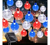 Treer Guirlande Lumineuse Exterieur Solaire, LEDs Guirlande 8 Modes, Guinguette Extérieur, IP65 Étanche, pour Terrasse Balcon Fête Jardin (Rouge Blanc Bleu,2,3cm ø 7m 50 Ampoules)