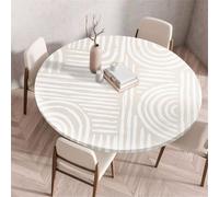 Treer Nappe Ronde, Texture Géométrique Nappes Rondes avec Bord Élastique, Nappe Anti Tache Lavable, Protege Table Exterieur, Table Cloth pour Cuisine Jardin Fête Table (Beige,130cm)