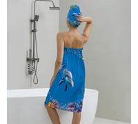 Treer Robe Sortie de Bain et Serviette de Cheveux Set, Dessin Animé Réglable Tissu Éponge avec Bonnet de Douche, Femme Paréo de Bain Peignoir pour Douche Plage (Dauphin)