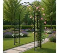 Treillis d'arche de jardin robuste en fer noir pour plantes grimpantes - Tonnelle antirouille avec base pour décoration extérieure et mariages, 220 x 40 x 230 cm, paysage élégant