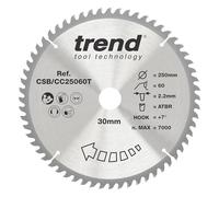 Trend Lame ATBR 250 mm, 60 dents TCT, alésage 30 mm, finition fine | Coupe proprement le bois sur scies à onglet sans fil, 60 dents, +7° et trait de 2,2 mm, CSB/CC25060T