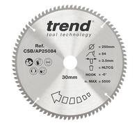 Trend Lame de Scie Circulaire Aluminium & Plastique, 250 mm de Diamètre, 30 mm d'Alésage, 84 Dents, TCT, 3 mm de Trait de Scie, -6° Crochet, CSB/AP25084