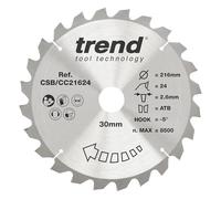 Trend Lame de scie à onglet 216 mm, alésage 30 mm, 24 dents TCT, grossière | Coupe du bois dur et tendre en traverses nettes, lame 24 dents, trait 2,6 mm, angle -5°, alésage 30 mm, CSB/CC21624