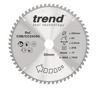Trend Lame de scie à onglet bois 260 mm, 30 mm alésage, 60 dents TCT | Coupe des coupes à tronçon nettes pour bois résineux et feuillus, 60 dents, -5° crochet, trait 2,5 mm CSB/CC26060