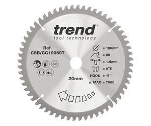 Trend Lame de scie à onglet sans fil 190 mm, alésage 20 mm, 60 dents TCT | Coupe des quers fins dans le bois, 60 dents TCT, trait de scie 1,9 mm et crochet -5° CSB/CC19060T