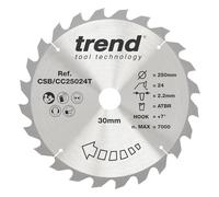 Trend Lame de Scie à Onglet sans Fil ATBR pour Bois, 250 mm de Diamètre, 30 mm d'Alésage, 24 Dents, TCT, 2,16 mm de Trait de Scie, +7° Crochet, CSB/CC25024T