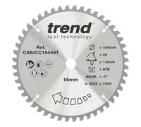 Trend Lame de Scie à Onglet sans Fil pour Bois, 184 mm de Diamètre, 16 mm d'Alésage, 48 Dents, TCT, 1,6 mm de Trait de Scie, -5° Crochet, CSB/CC18448T
