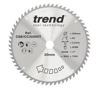 Trend Lame de Scie à Onglets Sans Fil pour Bois, Diamètre 305mm, Alésage 30mm, 60 Dents, Trait de Coupe 2.2mm, Crochet +7°, TCT, Finition Fine, CSB/CC30560T