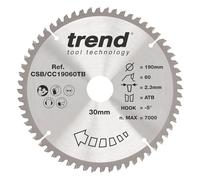 Trend Lame de scie à onglets sans fil Wood, diamètre 190 mm, alésage 30 mm, 60 dents, trait de scie 2,3 mm, crochet -5°, TCT, finition extra fine, CSB/CC19060TB