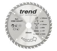 Trend Lame de Scie Circulaire sans Fil pour Bois, 165 mm de Diamètre, 20 mm d'Alésage, 40 Dents, TCT, 1,5 mm de Trait de Scie, +15° Crochet, CSB/16540T