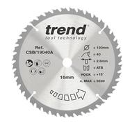 Trend Lame de Scie Circulaire en Bois, Diamètre 190 mm, Alésage 16 mm, 40 Dents, Trait de Scie 2,6 mm, Angle d'Attaque +15°, TCT, Finition Fine, CSB/19040A