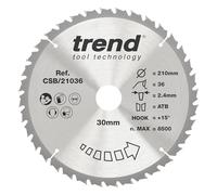Trend Lame de scie circulaire bois 210 mm, 30 mm alésage, 36 dents, TCT | Coupe le bois proprement en travers et dans le sens du fil, lame TCT 36 dents, trait 2,4 mm, angle +15° CSB/21036