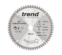 Trend Lame de scie circulaire en aluminium et plastique, diamètre 190 mm, alésage 20 mm, 60 dents, trait de scie 2,8 mm, crochet -6°, TCT, finition extra fine, CSB/AP19060A