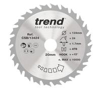 Trend Lame de Scie Circulaire en Bois, Diamètre 134 mm, Alésage 20 mm, 24 Dents, Trait de Scie 1,7 mm, Angle d'Attaque +15°, TCT, Finition Moyenne, CSB/13424