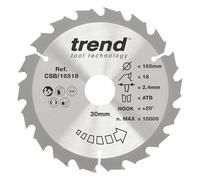 Trend Lame de Scie Circulaire en Bois, Diamètre 165 mm, Alésage 30 mm, 18 Dents, Trait de Scie 2,4 mm, Angle d'Attaque +20°, TCT, Finition Grossière, CSB/16518