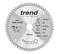Trend Lame de Scie Circulaire pour Bois, 165 mm de Diamètre, 20 mm d'Alésage, 60 Dents, TCT, 2,4 mm de Trait de Scie, +10° Crochet, CSB/16560