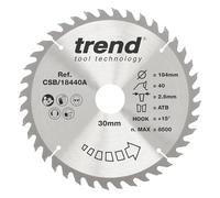 Trend Lame de Scie Circulaire pour Bois, 184 mm de Diamètre, 30 mm d'Alésage, 40 Dents, TCT, 2,6 mm de Trait de Scie, +15° Crochet, CSB/18440A