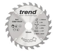 Trend Lame de Scie Circulaire pour Bois, 190 mm de Diamètre, 30 mm d'Alésage, 24 Dents, TCT, 2,6 mm de Trait de Scie, +15° Crochet, CSB/19024