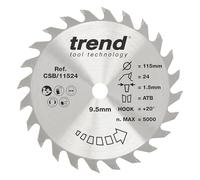 Trend Lame de Scie Circulaire pour Bois, Diamètre 115 mm, Alésage 9,50 mm, 24 Dents, Trait de Scie 1,5 mm, Angle d'Attaque +20°, TCT, Finition Moyenne, CSB/11524