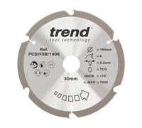 Trend Lame de Scie Circulaire pour Fibre de Ciment PCD, 190 mm de Diamètre, 30 mm d'Alésage, 6 Dents, 2,4 mm de Trait de Scie, +12° Crochet, PCD/FSB/1906