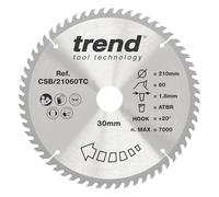 Trend Lame de Scie Circulaire sans Fil ATBR pour Bois, 210 mm de Diamètre, 30 mm d'Alésage, 60 Dents, TCT, 1,8 mm de Trait de Scie, +20° Crochet, CSB/21060TC