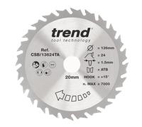 Trend Lame de scie circulaire sans fil bois 136 mm, 24 dents TCT, 20 mm | Coupe le bois sur scies circulaires sans fil, lame TCT 24 dents pour finition moyenne, trait de scie 1,5 mm CSB/13624TA